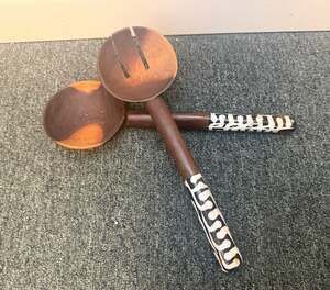 Vintage Salad Servers Carved Olive Wood and Bone Kenya 11.5"